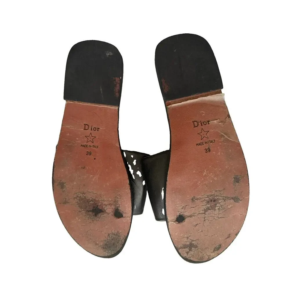 Christian Dior Black & Gold DIOR Logo Leather Slide Sandals Size 39 US 8